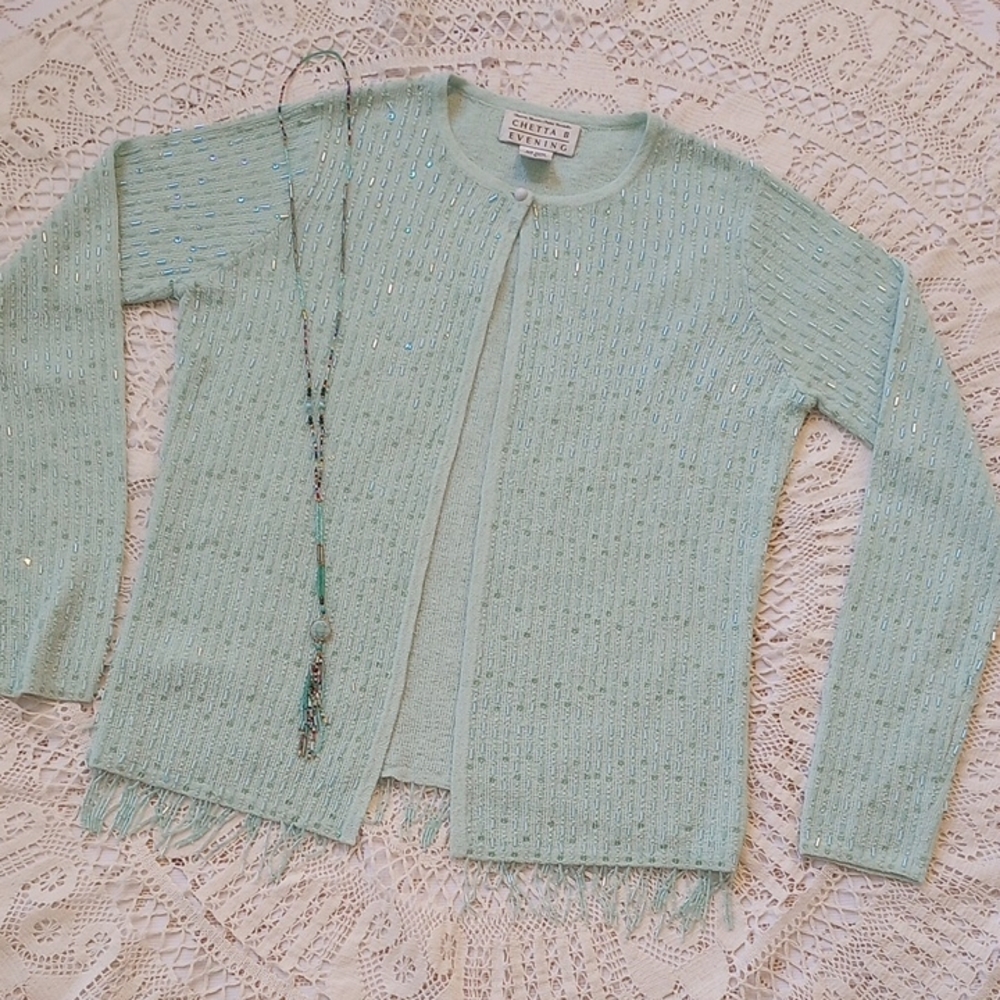 " Chetta B Evening" Tourquois Beaded/Seqins Sweater & Necklace Bundle Small